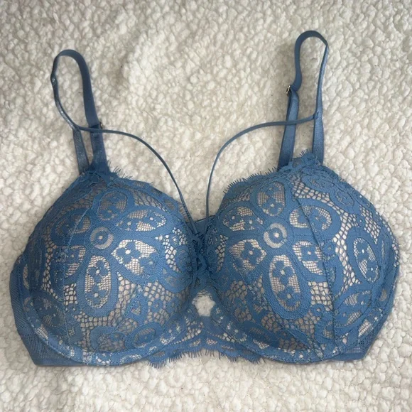 Victoria’s Secret Bombshell Push Up Strappy Front Bra Blue Lace 34C - Picture 1 of 7